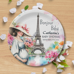 Bonjour Bebe Floral Eiffel Tower Paris Baby Shower Paper Plate