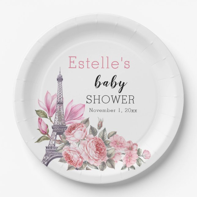 Bonjour Bebe | Floral French Baby Shower Paper Plate (Front)