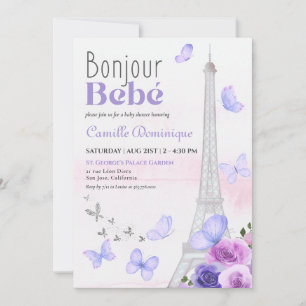 Bonjour Bebé French Eiffel Lavender Butterflies Invitation