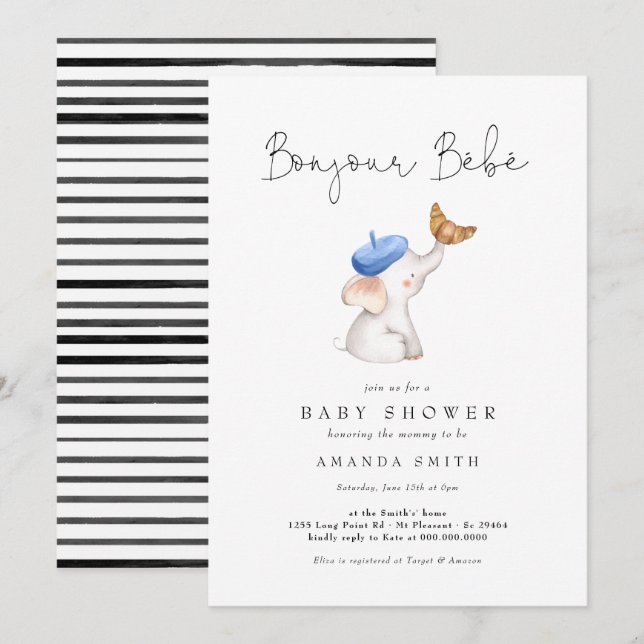 Bonjour Bebe French Elephant Baby Boy Shower Invitation (Front/Back)