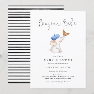 Bonjour Bebe French Elephant Baby Boy Shower Invitation