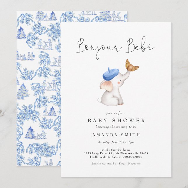 Bonjour Bebe French Elephant Baby Boy Shower Toile Invitation (Front/Back)