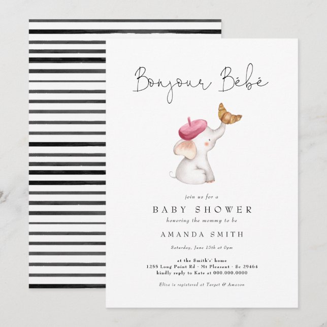 Bonjour Bebe French Elephant Baby Girl Shower Invitation (Front/Back)