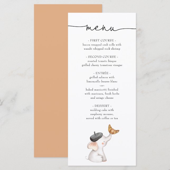 Bonjour Bebe French Elephant Baby Shower Menu (Front/Back)