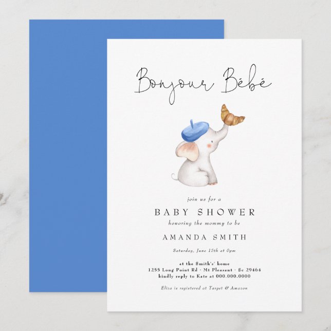 Bonjour Bebe French Elephant Blue Baby Shower Invitation (Front/Back)