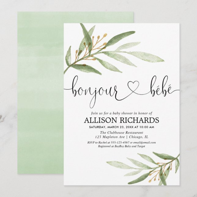 Bonjour Bebe French greenery gold gender neutral Invitation (Front/Back)