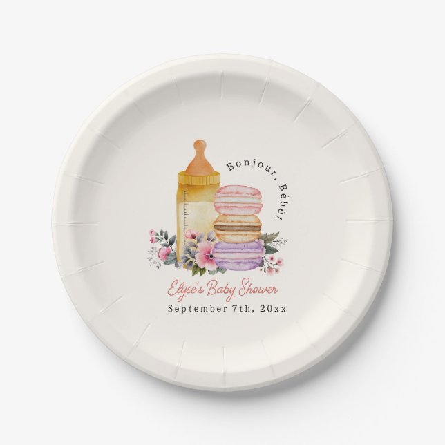 Bonjour Bébé French Macarons & Milk Baby Shower Paper Plate (Front)