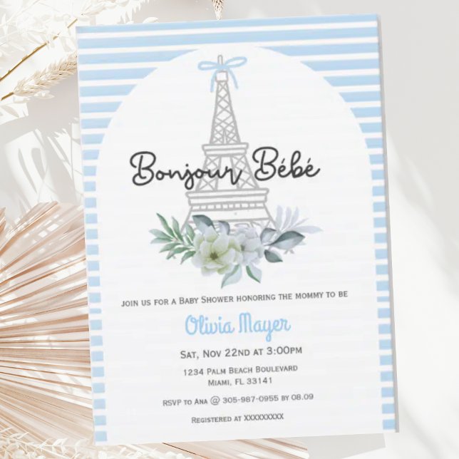 Bonjour Bebe French Paris Blue Boy Baby Shower Invitation (Creator Uploaded)