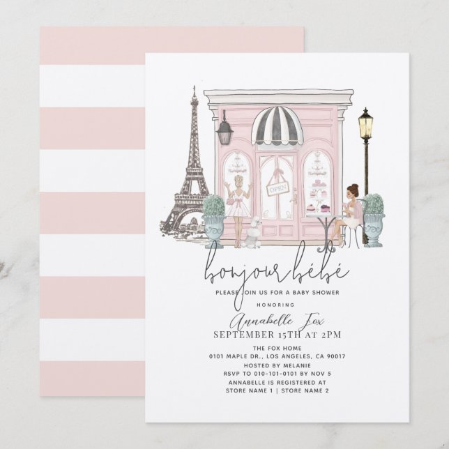 Bonjour Bébé French Paris Cafe Pink Baby Shower Invitation (Front/Back)