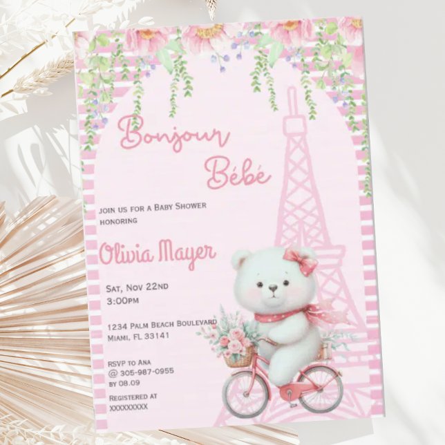 Bonjour Bebe French Paris Pink Bear Baby Shower Invitation (Creator Uploaded)