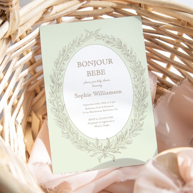 Bonjour Bebe French Patisserie Baby Shower Green Invitation (Creator Uploaded)