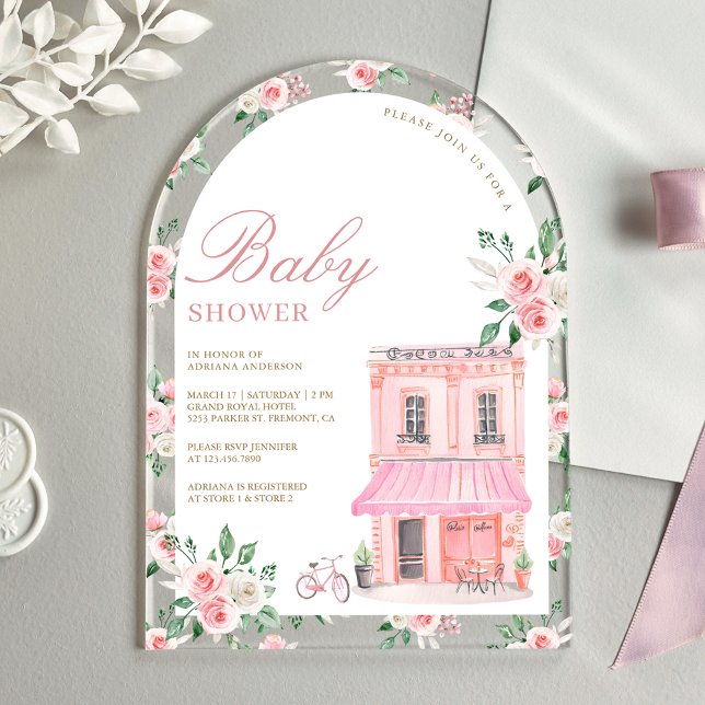Bonjour Bebe French Pink Parisian Cafe Baby Shower Acrylic Invitations (Creator Uploaded)