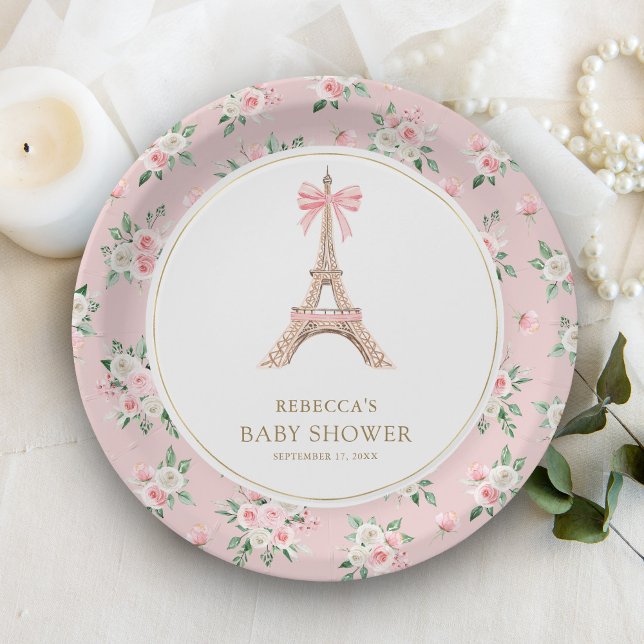 Bonjour Bebe French Pink Parisian Cafe Baby Shower Paper Plate (Creator Uploaded)