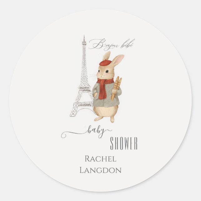Bonjour Bebe French Rabbit Baby Shower Classic Round Sticker (Front)