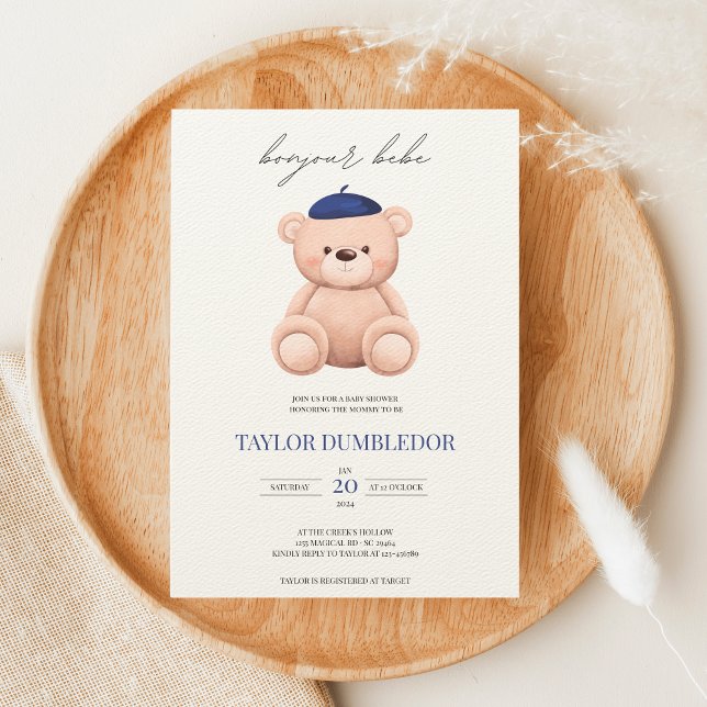 Bonjour Bebe French Watercolor Bear Baby Shower Invitation (Creator Uploaded)
