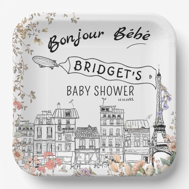 Bonjour Bebe Gender Neutral Baby Shower Paper Plate (Front)
