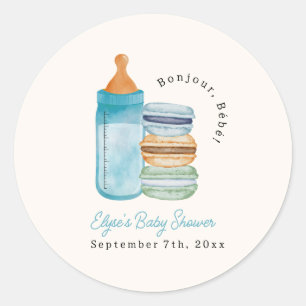 Bonjour Bébé Macarons & Milk Boy Baby Shower Classic Round Sticker