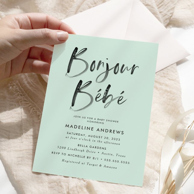 Bonjour Bebe Mint Green French Baby Shower Invitation (Creator Uploaded)