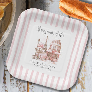 Bonjour Bébé Paris Café Script Baby Shower Paper Plate