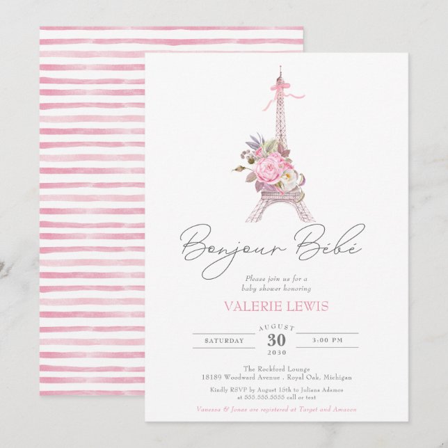 Bonjour Bebe Paris Eiffel Pink Floral Baby Shower  Invitation (Front/Back)