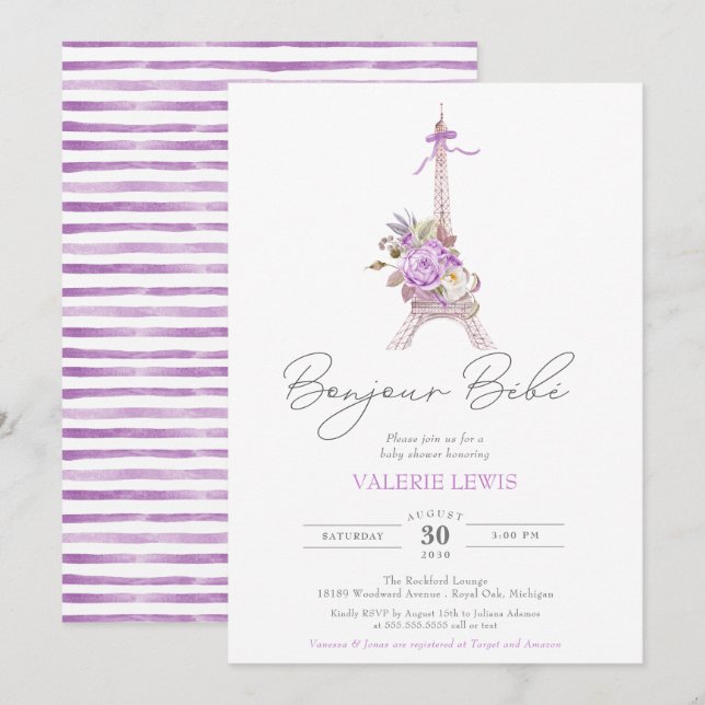 Bonjour Bebe Paris Eiffel Purple Floral Shower Invitation (Front/Back)