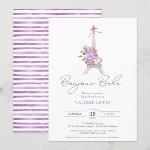 Bonjour Bebe Paris Eiffel Purple Floral Shower Invitation