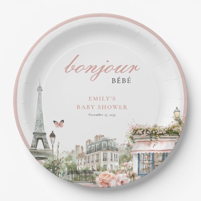 Bonjour Bébé Paris French Baby Shower Paper Plate (Front)