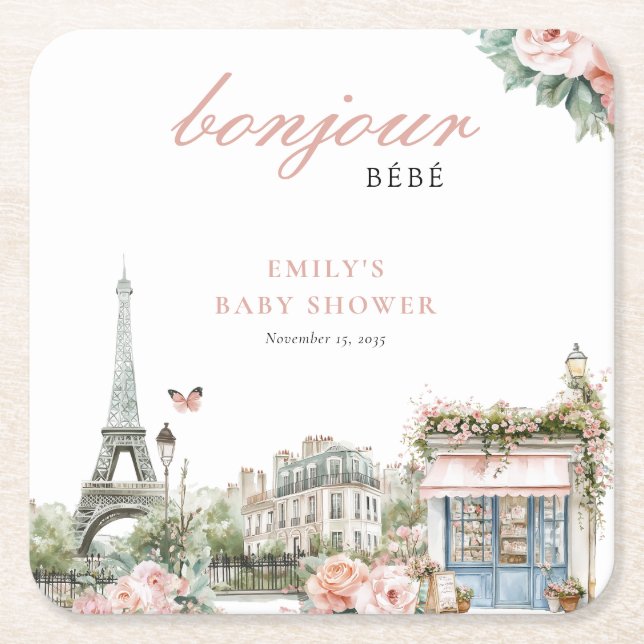 Bonjour Bébé Paris French Baby Shower Square Paper Coaster (Front)