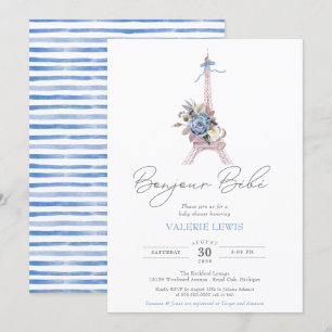 Bonjour Bebe Paris French Blue Eiffel Baby Shower Invitation