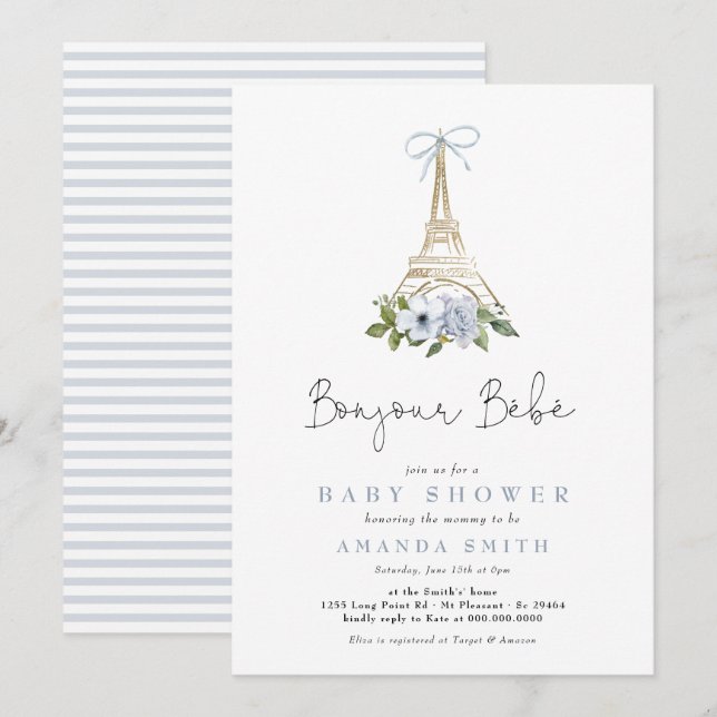 Bonjour Bebe Paris French Blue Eiffel Baby Shower Invitation (Front/Back)