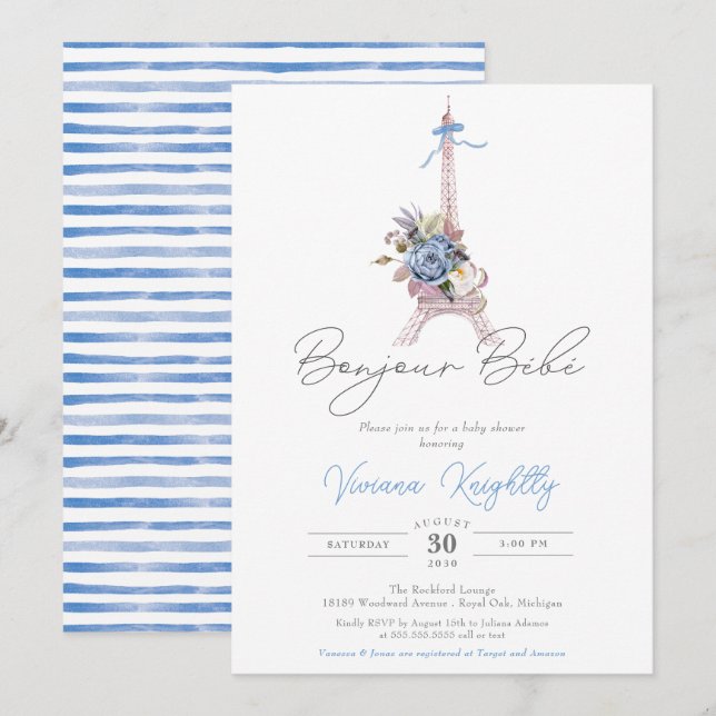 Bonjour Bebe Paris French Blue Stripe Baby Shower Invitation (Front/Back)