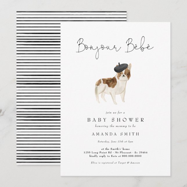 Bonjour Bebe Paris French Bulldog Baby Shower Invitation (Front/Back)