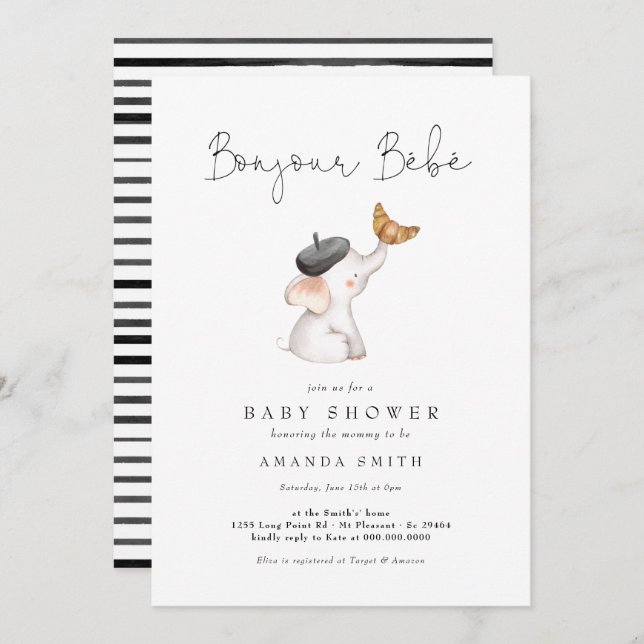 Bonjour Bebe Paris French Elephant Baby Shower Inv Invitation (Front/Back)
