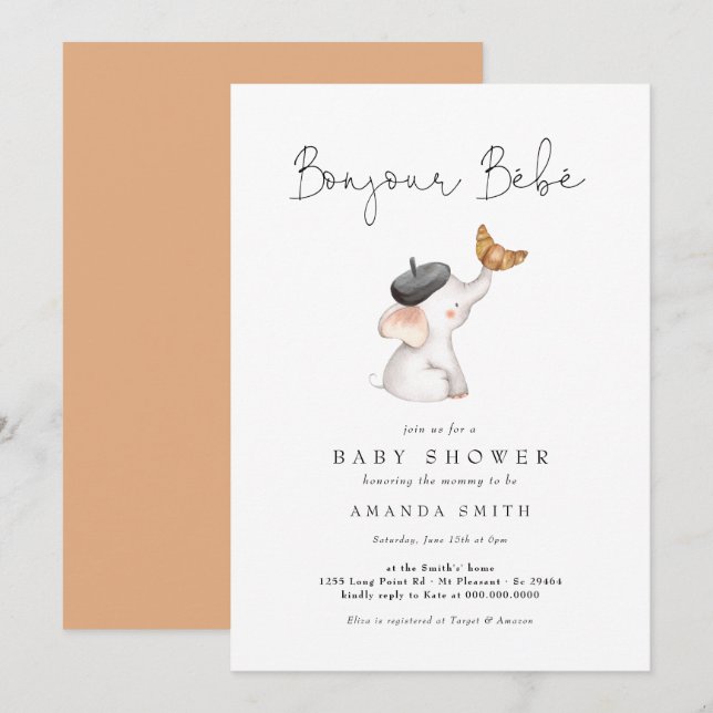 Bonjour Bebe Paris French Elephant Baby Shower Invitation (Front/Back)