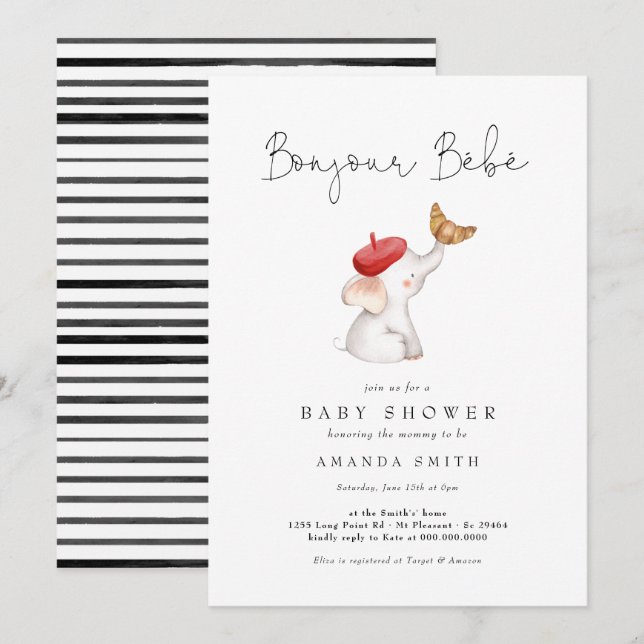 Bonjour Bebe Paris French Elephant Baby Shower Red Invitation (Front/Back)