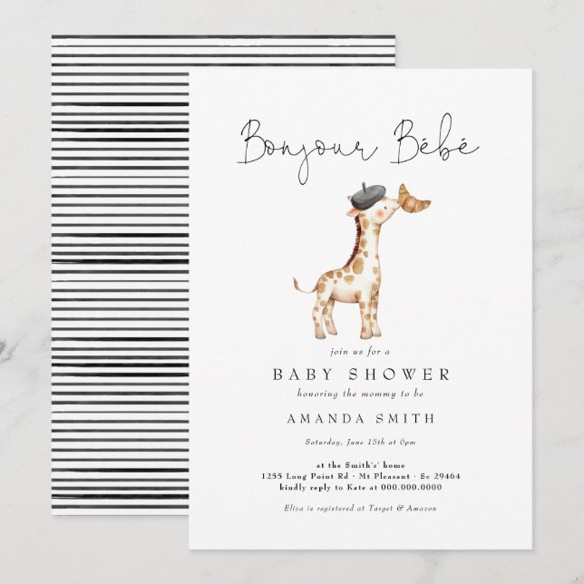 Bonjour Bebe Paris French Giraffe Baby Shower  Invitation (Front/Back)