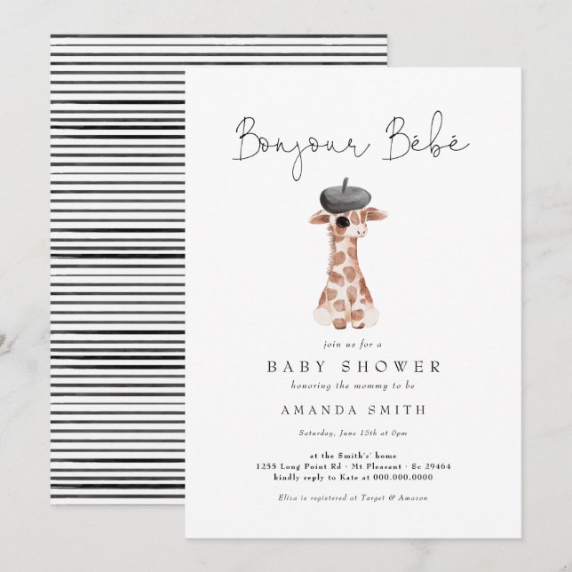 Bonjour Bebe Paris French Giraffe Baby Shower Invitation (Front/Back)