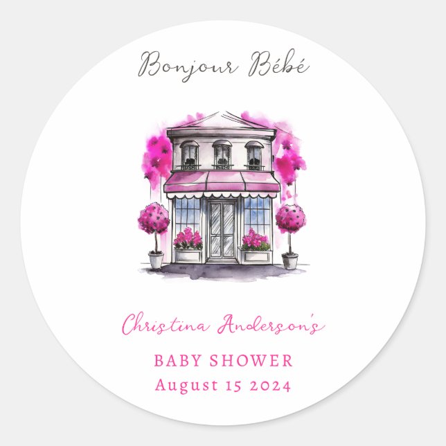 Bonjour Bebe Paris French Pink Black Baby Shower Classic Round Sticker (Front)