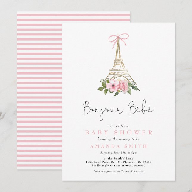Bonjour Bebe Paris French Pink Eiffel Baby Shower Invitation (Front/Back)