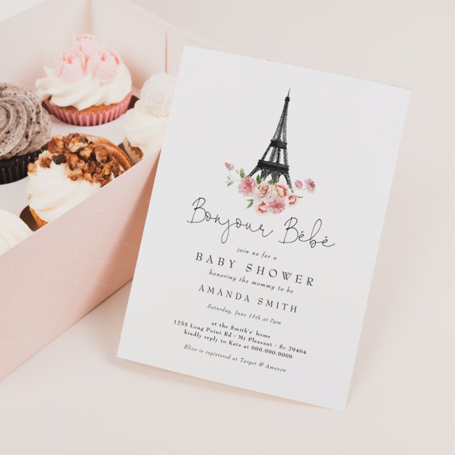 Bonjour Bebe Paris French Pink Floral Baby Shower Invitation (Creator Uploaded)