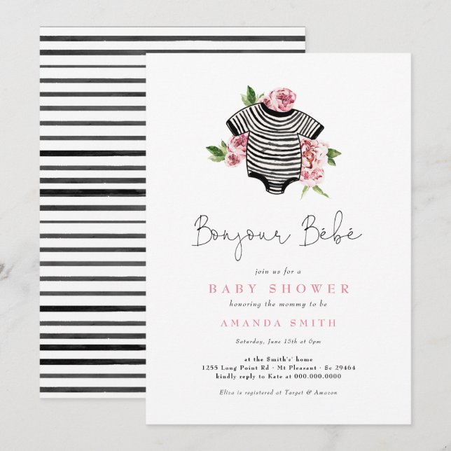 Bonjour Bebe Paris French Pink Flowers Baby Shower Invitation (Front/Back)