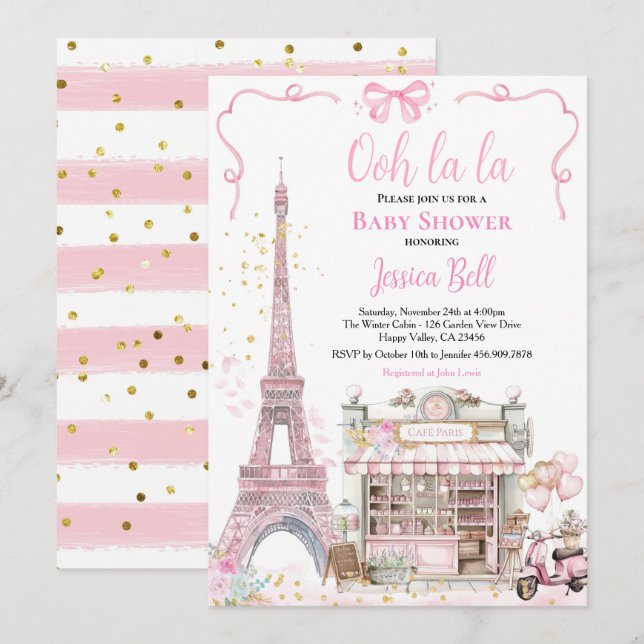 Bonjour Bebe Paris Girl Baby Shower Pink Eiffel  Invitation (Front/Back)