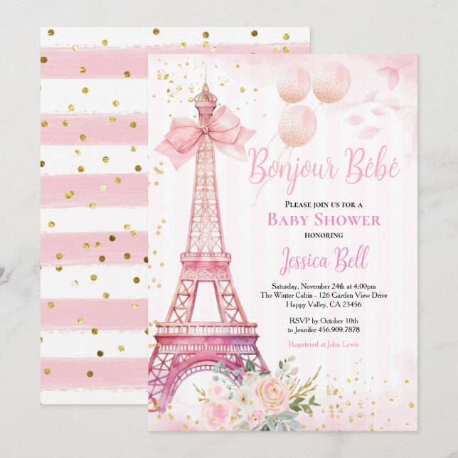 Bonjour Bebe Paris Girl Baby Shower Pink Eiffel  Invitation (Front/Back)