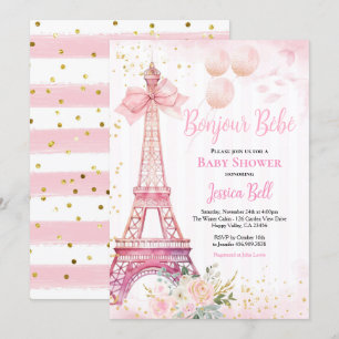 Bonjour Bebe Paris Girl Baby Shower Pink Eiffel  Invitation