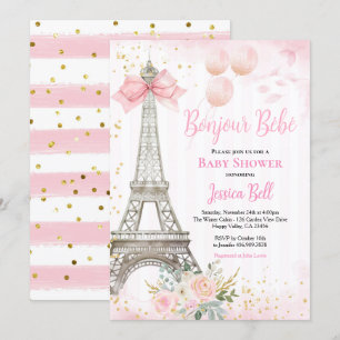 Bonjour Bebe Paris Girl Baby Shower Pink Eiffel  Invitation