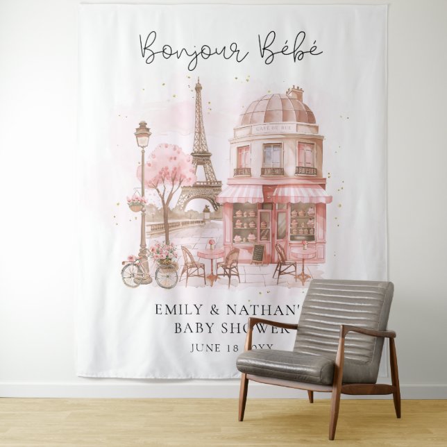 Bonjour Bebe Paris Patisserie Baby Shower Backdrop Tapestry (In Situ)