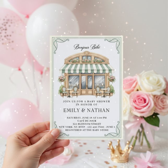 Bonjour Bebe Parisian café french patisserie girl Invitation (Creator Uploaded)