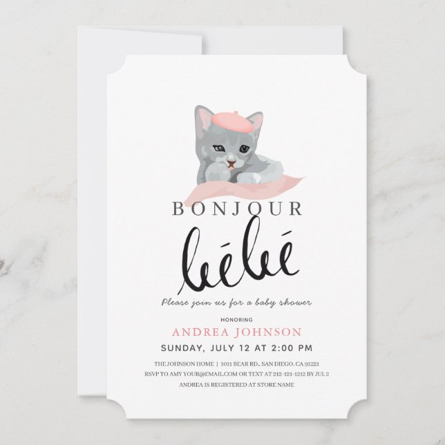 Bonjour Bebe Pink Beret Cat Girl Baby Shower Invitation (Front)