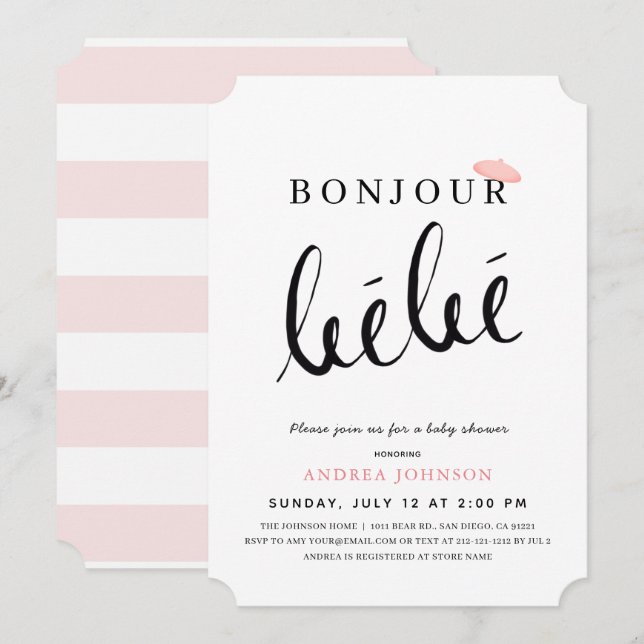 Bonjour Bebe Pink Beret Simple Girl Baby Shower Invitation (Front/Back)