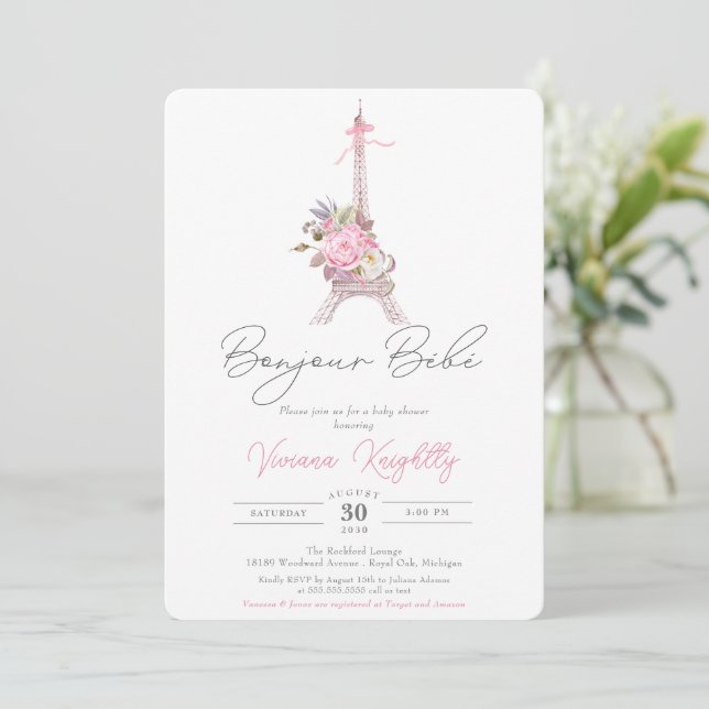 Bonjour Bebe, Pink Floral Eiffel Paris Baby Shower Invitation (Standing Front)